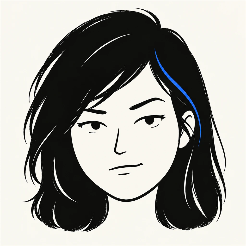 Dibujo a tinta de Niki: pelo negro, una ceja levantada, mirada de reojo y media sonrisa torcida, con un mechón azul.