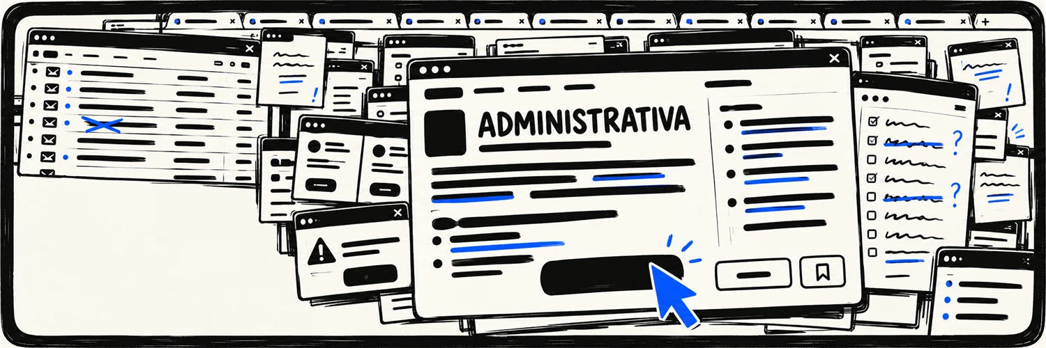 Una pantalla llena de ventanas abiertas y encimadas: avisos de empleo, mails, listas tachadas y un cursor azul sobre un botón.